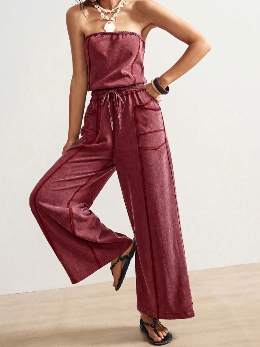Strapless Burgundy Boho Wide Leg Jumpsuit with Pockets - Picture 2 of 8